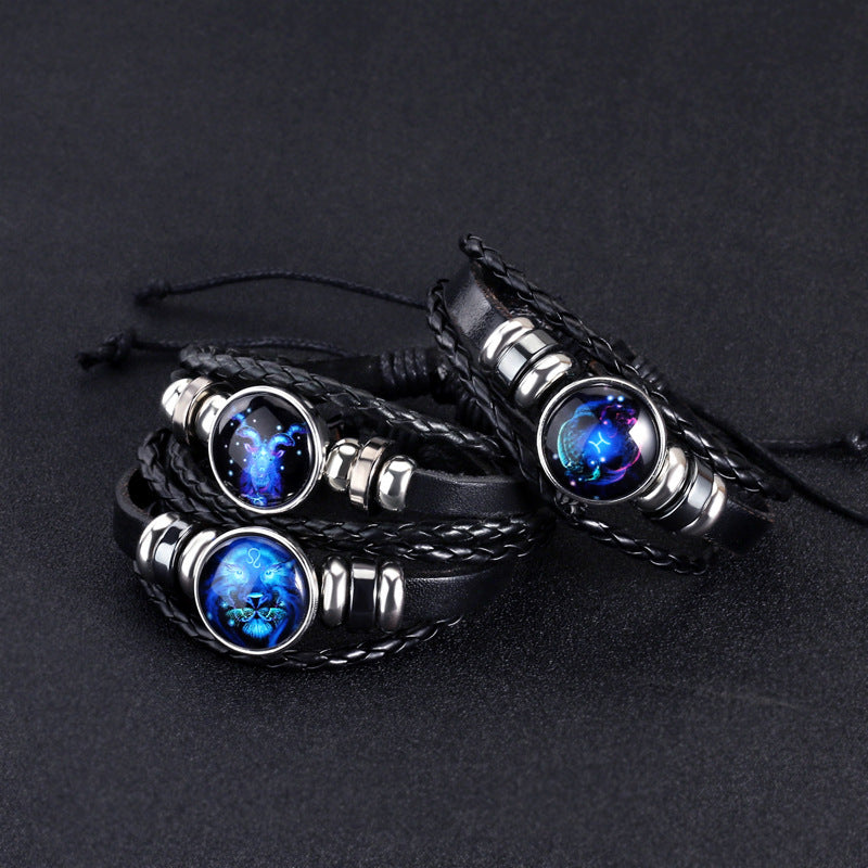 astrology constellation charm on black leather bracelet