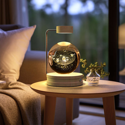 Crystal Ball Cosmic Dinosaur Night Light — USB Warm Glow, Walnut Base