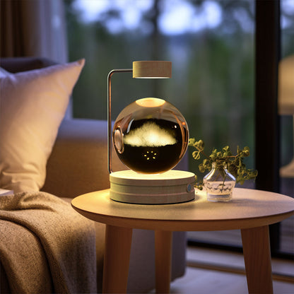 Crystal Ball Cosmic Dinosaur Night Light — USB Warm Glow, Walnut Base