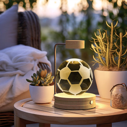 Crystal Ball Cosmic Dinosaur Night Light — USB Warm Glow, Walnut Base