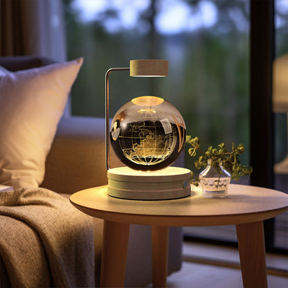 Crystal Ball Cosmic Dinosaur Night Light — USB Warm Glow, Walnut Base