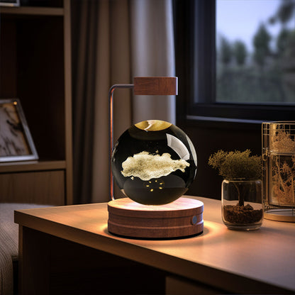 Crystal Ball Cosmic Dinosaur Night Light — USB Warm Glow, Walnut Base