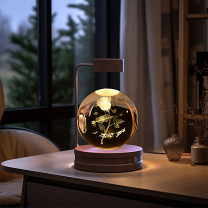 Crystal Ball Cosmic Dinosaur Night Light — USB Warm Glow, Walnut Base