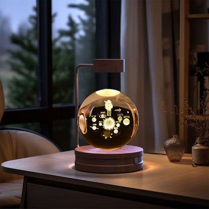 Crystal Ball Cosmic Dinosaur Night Light — USB Warm Glow, Walnut Base