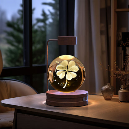 Crystal Ball Cosmic Dinosaur Night Light — USB Warm Glow, Walnut Base