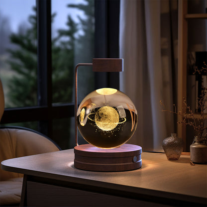 Crystal Ball Cosmic Dinosaur Night Light — USB Warm Glow, Walnut Base